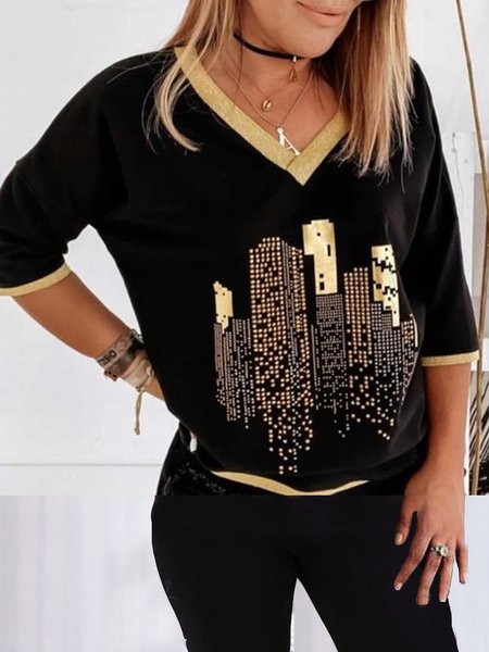 

Casual Loose V Neck T-Shirt, Black, T-Shirts