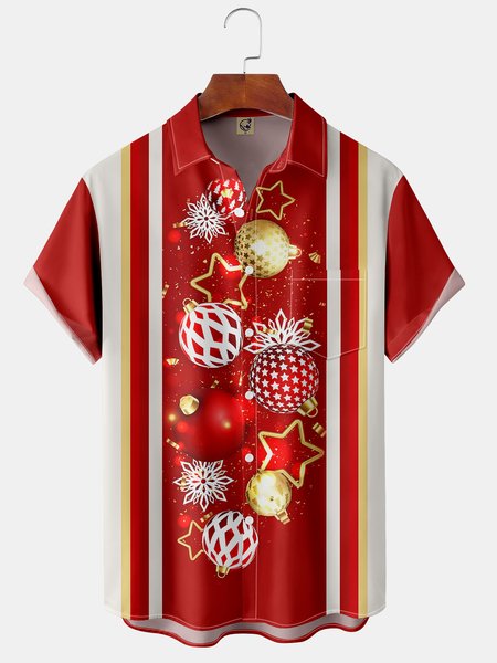 

Christmas Ball Snowflake Chest Pocket Short Sleeve Bowling Shirt, Red, Men Shirts