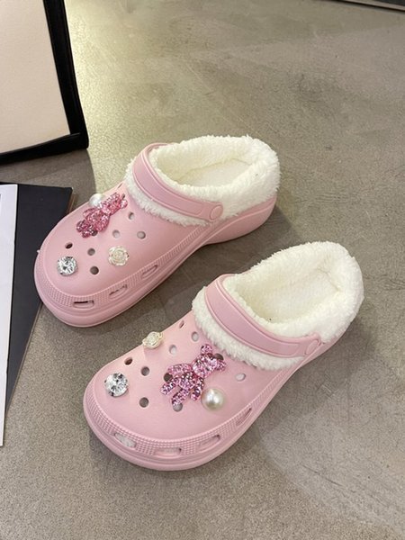 

Bear Rhinestone Pearl Plush Warm Clogs, Pink, Slippers