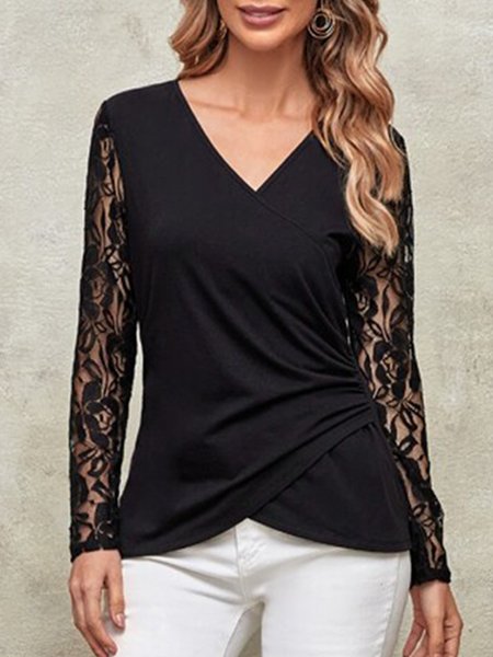 

Contrast Lace Surplice Neck Ruched Side Wrap Hem Top, Black, Shirts & Blouses
