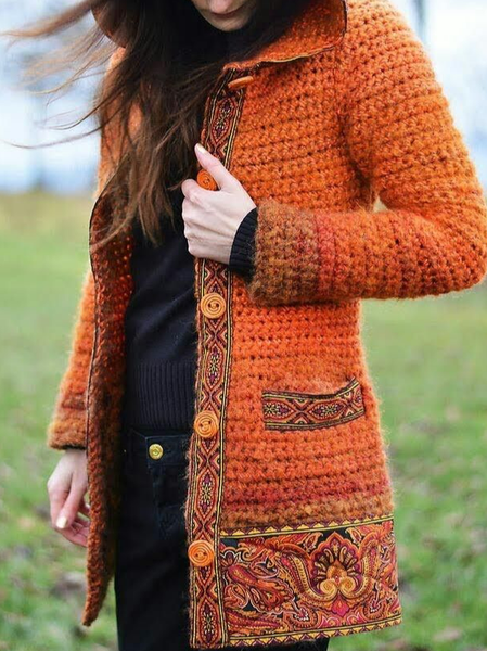 

Wool/Knitting Ethnic Hoodie Ethnic Sweater Coat, Orange, Cardigans