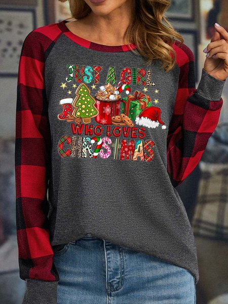 

Women’s Just A Girl Who Loves Christmas Hat Gift Christmas Crew Neck Polyester Cotton Casual Top, Gray, Long sleeves