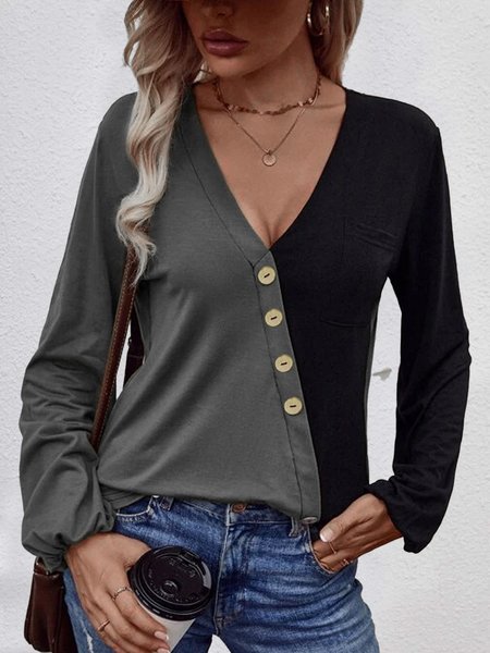 

Two Tone V Neck Buttoned Colour Block Tee, Black-grey, Tops