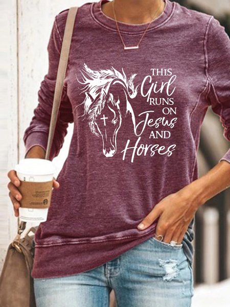 

Women’s Christian This Girl Runs On Jesus And Horses Regular Fit Crew Neck Sweatshirt, Red, Hoodies&Sweatshirts