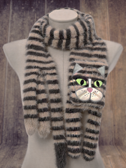 

3D Wool Cat Pattern Plush Patchwork Long Scarf Casual Vintage Outdoor Accessories, Khaki, Scarves & Gloves