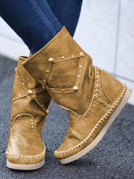 

Comfortable Moccasin Upper Soft Sole Mid-Cut Boots with Vintage Studs, Brown, Boots