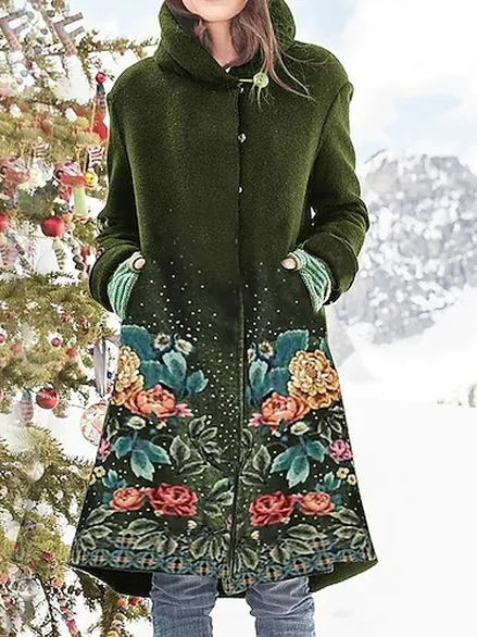 

Loose Floral Casual Overcoat, Green, Coats
