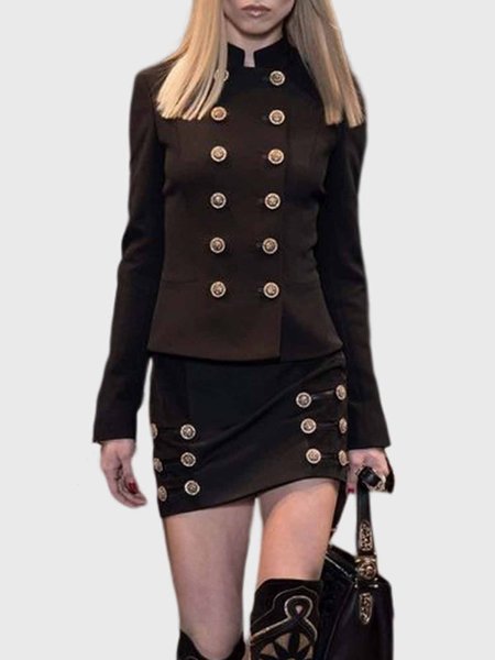 

Long sleeve Plain Stand Collar Elegant Regular Fit Jacket, Black, Jackets