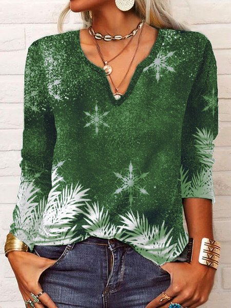 

Christmas Long Sleeve V Neck Printed Top T-shirt, Green, Long sleeves