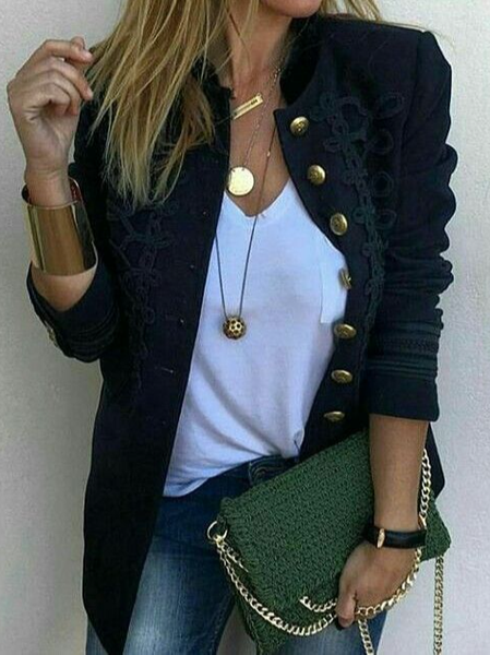 

Plain Stand Collar Casual Jacket, Black, Jackets