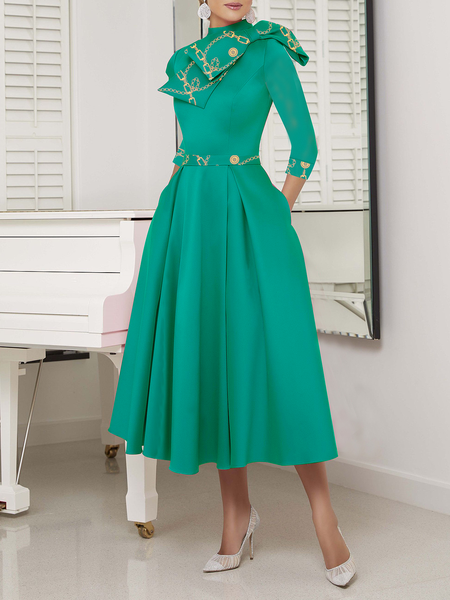 

Regular Fit Elegant Ethnic Stand Collar Three Quarter Long Dress, Green, Maxi Dresses