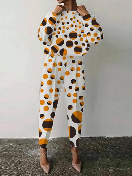 

Long sleeve Polka Dots Casual Two-Piece Set, White-yellow, Two-piece Set