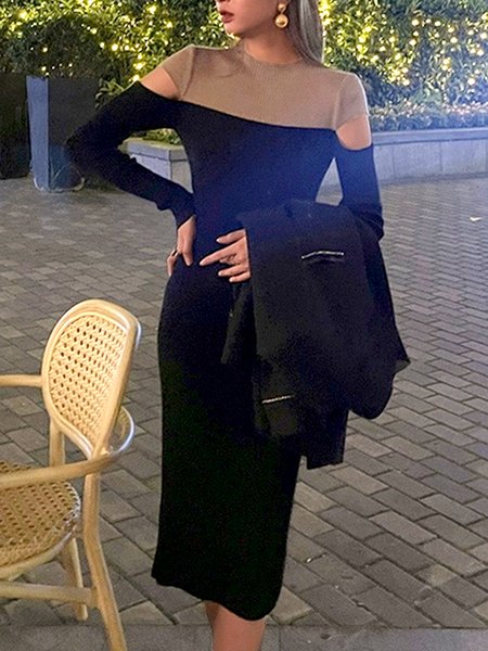 

Long sleeve Color Block Elegant Crew Neck Dress, Black, Midi Dresses