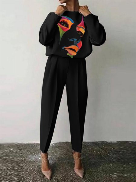 

Long sleeve Loose Simple Two-Piece Set, Black, Two-piece Set