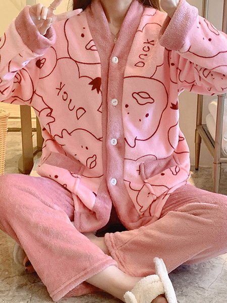 

Flannel Cartoon Duck Big Pocket Pajamas Long Sleeve Pants Loungewear Set, Pink, Loungewear & Sleepwear