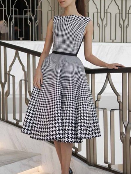 

Daily Boat Neck Elegant Houndstooth Dress, Black, Midi Dresses