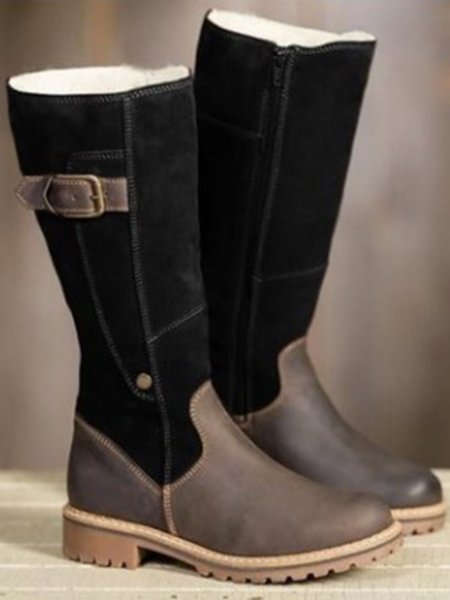 

Vintage Patch Buckle Chunky Heel Zip-Up Boots Rider Boots, Black-brown, Boots