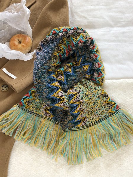 

Vintage Ethnic Gradient Fringe Long Scarf Autumn Winter Warmth Thickening Accessories, Green, Accessories