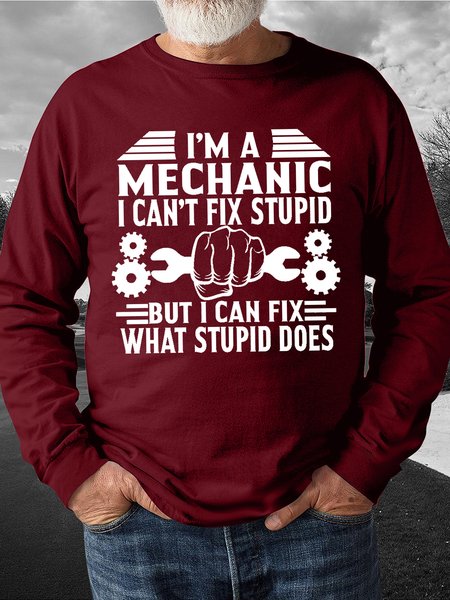 

Men's I Am Mechanic I Can't Fix Stupid But I Can Fix What Stupid Does Funny Graphics Print Text Letters Loose Casual Crew Neck Sweatshirt, Red, Hoodies&Sweatshirts