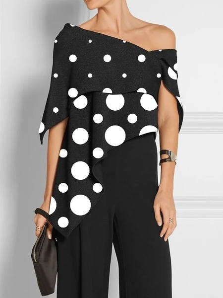 

High Elasticity Regular Fit Polka Dots Short sleeve Urban Top, Black, Tops