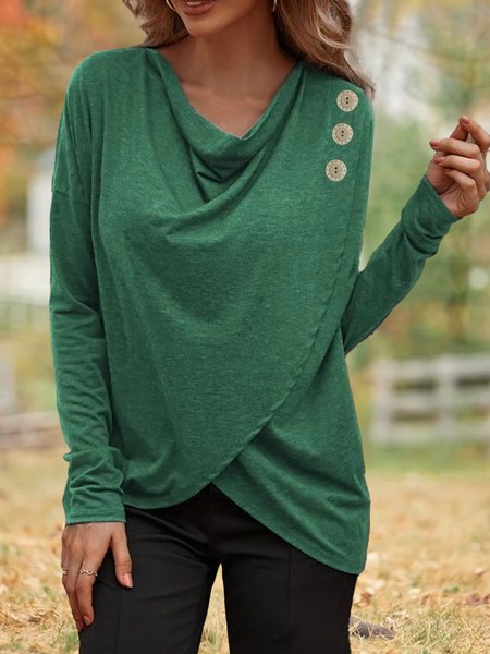 

Solid Cowl Neck Asymmetrical Hem Tunic Tee, Green, T-Shirts