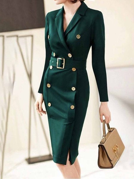 

Long sleeve Lapel Collar Regular Fit Plain Elegant Dress, Green, Midi Dresses