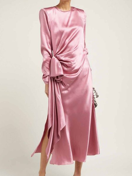 

Long sleeve Daily Satin Elegant Regular Fit Dress, Pink, Midi Dresses