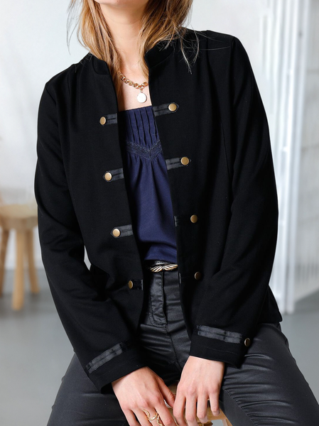 

Plain Regular Fit Casual Stand Collar Jacket, Black, Jackets