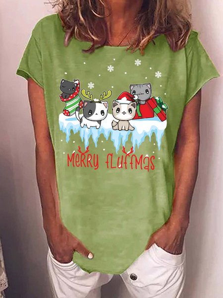 

Women’s Merry Fluffmas Cats Hat Christmas Casual T-Shirt, Green, T-shirts