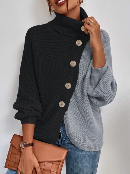 

Loose Turtleneck Casual Color Block Sweater, Black-grey, Sweaters & Cardigans