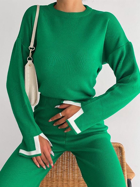 

High Elasticity Crew Neck Long sleeve Regular Fit Urban Sweater, Green, Pullovers