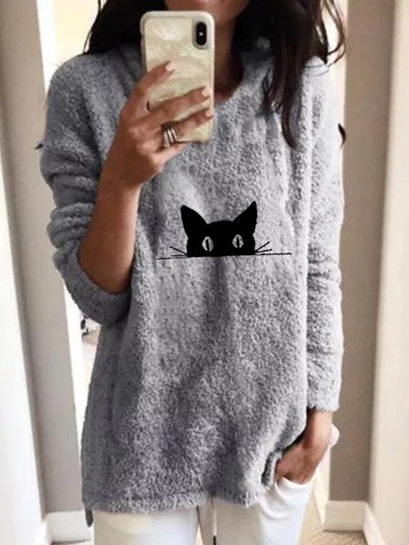 

Casual Animal Fluff/Granular Fleece Fabric Top, Gray, Tops