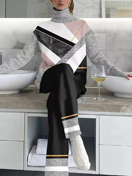 

Loose Turtleneck Casual Two-Piece Set, Multicolor, Suits