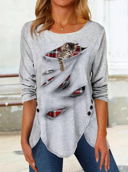

Loose Casual Plaid Crew Neck T-Shirt, Gray, Tunics