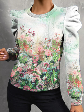

Floral Casual Crew Neck Top, Multicolor, Tops