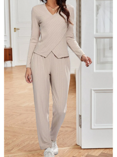 

Casual Regular Fit V Neck Two-Piece Set, Light khaki, Suit Set