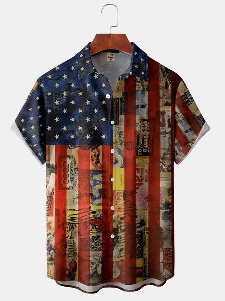 

American Flag Chest Pocket Short Sleeve Shirt, Red, Men Shirts