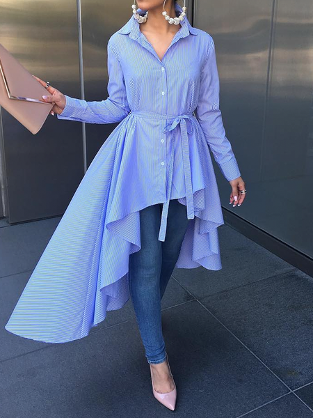 

Loose Shirt Collar Long sleeve Urban Long Blouse, Stripe-blue, Blouses and Shirts