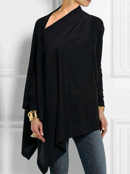 

High Elasticity Loose Plain Urban Asymmetrical Long sleeve Mid-long Top, Black, Linen Tops