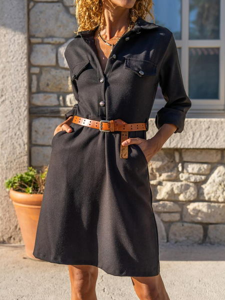 

Casual Shirt Collar Loose Plain Dress, Black, Dresses