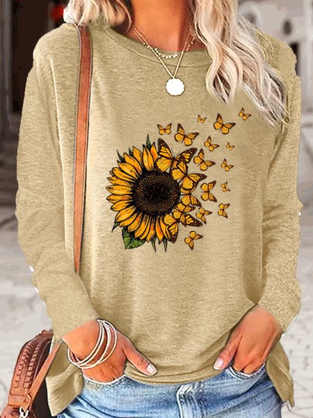 

Women's Sunflower Butterfly Print Crew Neck Casual Top, Apricot, Long sleeves