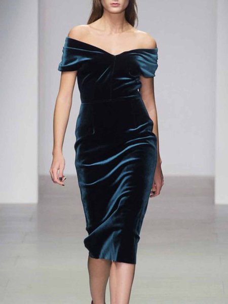 

Short sleeve Regular Fit Velvet Plain Elegant Dress, Blue, Mini Dresses
