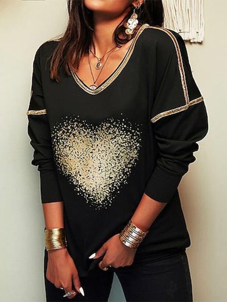 

Loose V Neck Heart/Cordate Casual Sweatshirt, Black, Hoodies & Sweatshirts