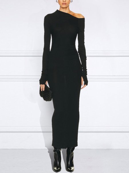 

Long sleeve Asymmetrical Tight Elegant Plain Dress, Black, Maxi Dresses
