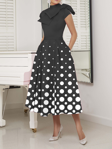 

Regular Fit Stand Collar Elegant Short sleeve Long Dress, Black, Maxi Dresses