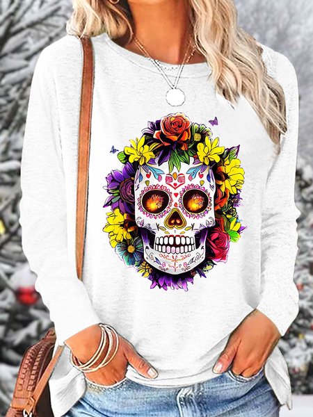 

Women‘s Floral Sugar Skull Day of the Dead Dia De Muertos Print Top, White, Long sleeves