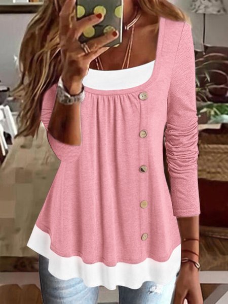 

Women Color Block Square Neck Button Flowy Long Sleeve Tunic, Pink, Tunics