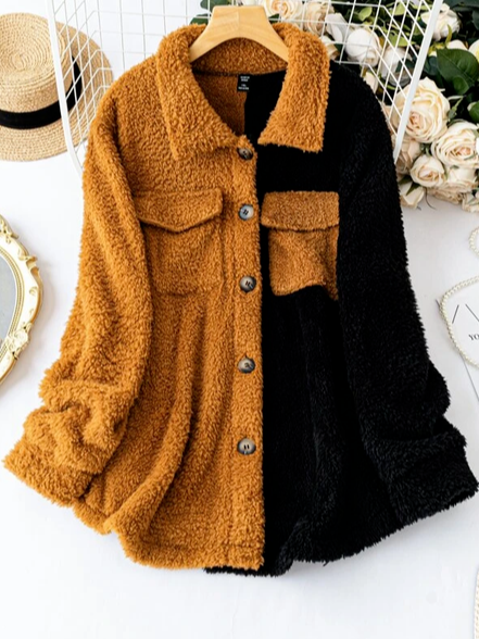 

Casual Cotton-Blend Color Block Teddy Jacket, Khaki, Outerwear