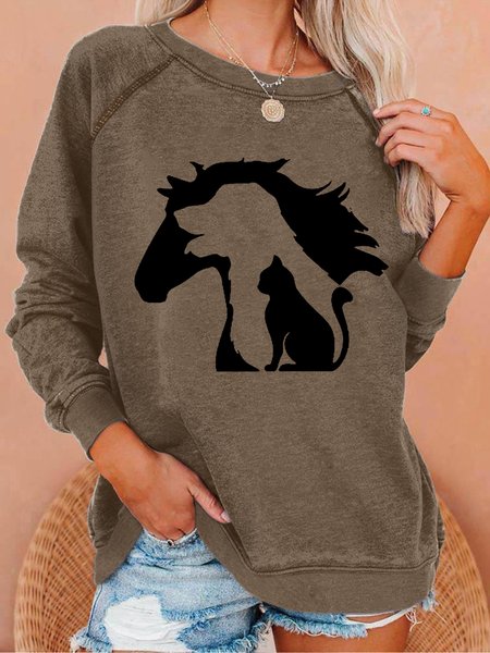 

Women's Lovely Horse Dog Cat Printed Simple Animal Graphic Sweatshirt, Brown, Hoodies&Sweatshirts
