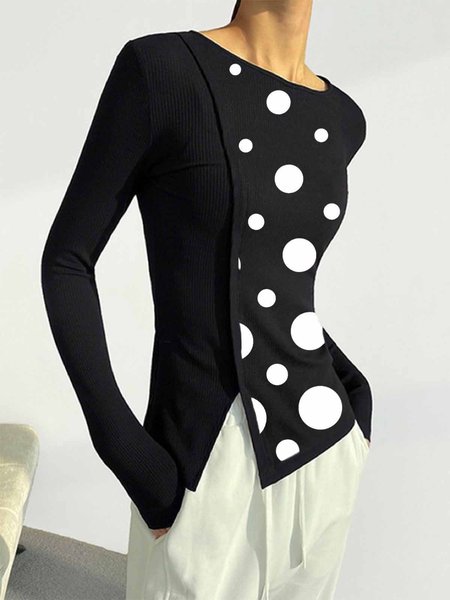 

Crew Neck Polka Dots Split Joint Split Top, Black, Tops